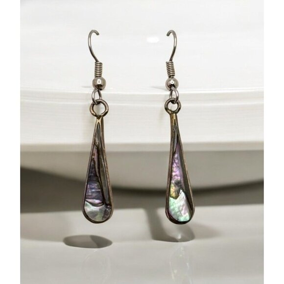 Vintage Abalone Shell Teardrop Earrings Silver Tone Dangle Drop - Picture 1 of 6